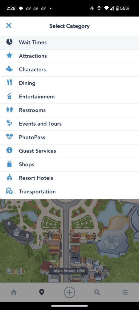 my disney experience app tutorial filter screenshot under map