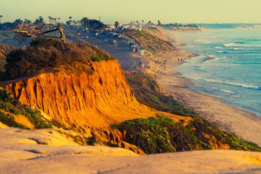 Amtrak train along California Coast.  Take a train to Disneyland.
